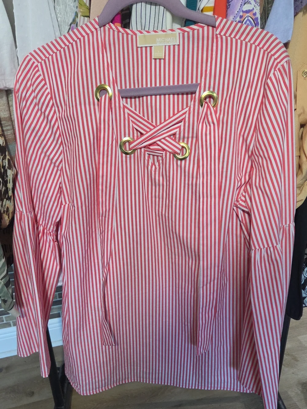 Michael Kors Red & White Striped Lace-Up Long Sleeve Tunic